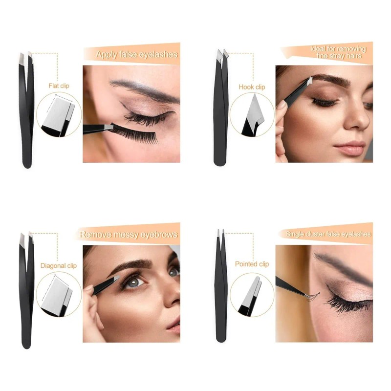 Pinzas De Cejas Profesionales De Acero Inoxidable 4 Piezas Negro