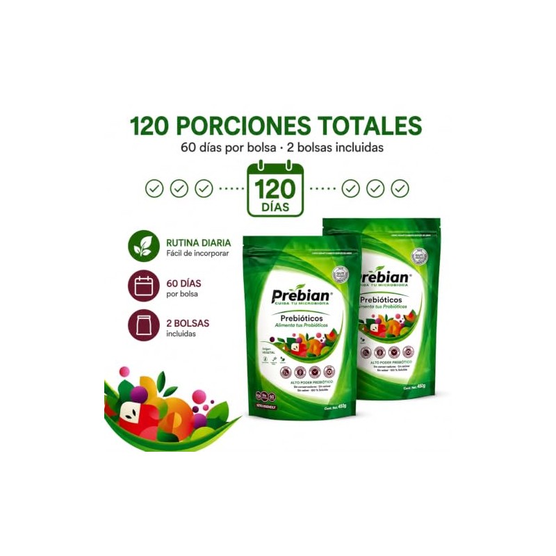 Prebian Probióticos y Prebióticos en Polvo Soluble Sin Sabor, 2