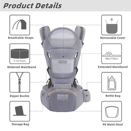 YSSKTC Baby Carrier Ergonomic Infant Carrier with Hip Seat Kangaroo Bag Soft Baby Carrier Newborn to Toddler 7-45lbs Front and Back Baby Holder Carrier for Men Dad Mom (Grey)