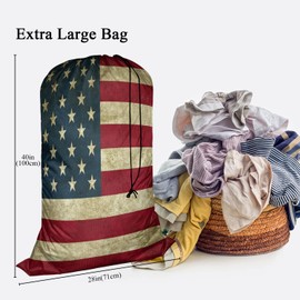 Swono Grunge USA Flag Large Dirty Clothes Laundry Bag for Laundry Basket Hamper, Patriot Striped Design Stars Old Aged Machine Washable Dirty Clothes Organizer, Oxford Cloth, American Banner