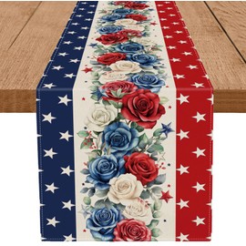 QIONG MENG 4th of July Table Runner Red White and Blue Flowers Stripe Stars 13x108 Inch Memorial Day Independence Day Patriotic Kitchen Table Decoration for Home