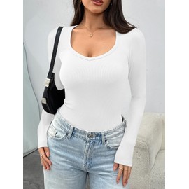 Trendy Queen Womens Long Sleeve Shirts V Neck Ribbed Knit Fall Tops White M