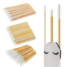 300PCS Bamboo Eyelash Extension Kit – Disposable Micro Swab Brushes, Natural Material Spoolies, Lip Brushes, Mascara Wands, Makeup Applicator Tools