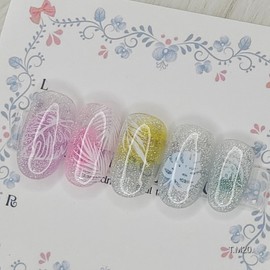 White floral handmade nail tips - Coffin Egg / 화이트 플로럴 수제네일팁 - 코핀에그