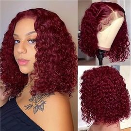 Yijimei 99j Burgundy Bob Wig Human Hair 13x4 Lace Frontal Deep Water Wig 180 Density Short Bob Wigs For Black Women Pre Plucked With Baby Hair Natural Hairline(99J 13x4 Deep Water 16Inch)