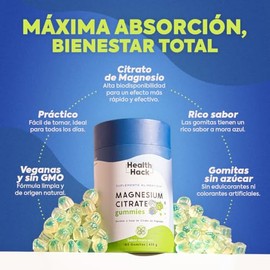 Health Hack Citrato de Magnesio en Gomitas, 400 mg de Magnesio Elemental como Citrato por Porción, Sabor Mora Azul, Sin Azúcar, Suplemento Vegano Sin 