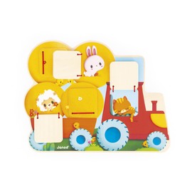 Janod - Wooden Tractor Hide and Seek Puzzle - 5 Doors to Open - Develops Fine Motor Skills - Developmental Toy for Children - From 12 months - J07128