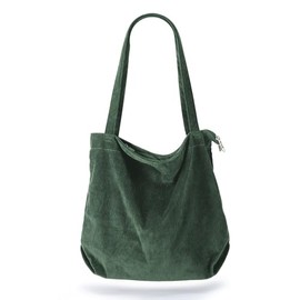 Women Corduroy Tote Bag, Casual Handbags Big Capacity Shopping Shoulder Bag with Pocket (Blackish green, One size)