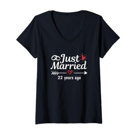 Womens Just Married 22 Years Ago Funny Couple Wedding Anniversary V-Neck T-Shirt
