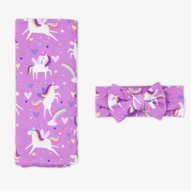 Little Sleepies Newborn Swaddle + Headband Set, Viscose Derived from Bamboo Baby Wrap, Luxe Sienna's Unicorns