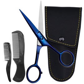 Ontaki 5" Professional German Beard & Mustache Scissors with 2 Comb & Carrying Pouch for Men - Bevel Edge for Precision - Facial Hair Grooming Kit - Mustache Trimming Kit - (Midnight Blue)