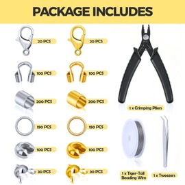 1200 Pcs Crimp Bead Kit for Jewelry Making, 6 Styles Jewelry Making Supplies with Crimping Pliers & Beading Wire, Crimp Caps Tubes Lobster Clasps Rings Wire Guards for DIY Earring Bracelet Necklace