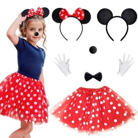 Women's Mouse Costume Set, Red Tutu with White Dots + Headband with Black Ears and Red Bow + Gloves + Nose for Carnival Theme Cosplay Party