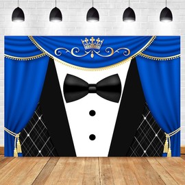 CapiSco Tuxedo Backdrop for Father or Boss Birthday Party Decorations, Blue Curtain Crown Gentleman Fathers Day Background for Photography, Gentleman Baby Birthday Party Supplies Banner 8x6ft
