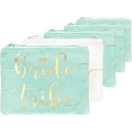 Bride Tribe Makeup Bags - Bridesmaid Favor for Bachelorette Party, Bridal Shower, Wedding. Cosmetics/Toiletries Bag, Wedding Survival Kit, Hangover Kit, Keepsake (4+1pc Bride Tribe + Bride, Mint)