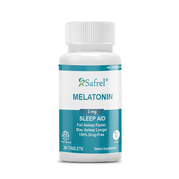 Safrel Melatonin 3mg Fast Dissolve Tablets, Vegan Natural Sleep Aid, Helps You to Fall Asleep Faster and Stay Asleep Longer, Helps with Occasional Sleeplessness and Supports Restful Sleep, 60 Count