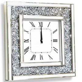 DMDFIRST Silver Square Mirror Clock 20x20inches Crystal Sparkle Twinkle Bling Crushed Diamond Mirrored Large Wall Clock for Wall Decoration Silver Glass Mirror Home Décor. AA Battery is not Included.