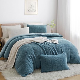 Nayoroom Sherpa Fleece Bed Linen Set 135 x 200 cm Blue Winter Warm Cashmere Touch Duvet Cover Super Soft Fluffy Flannel Winter Bed Linen with Zip Pillowcase 80 x 80 cm