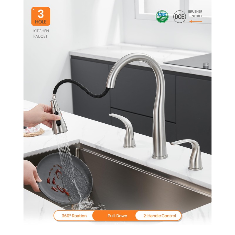 TIORIY 3 Hole Kitchen Faucet with Pull Down Sprayer, Brushed