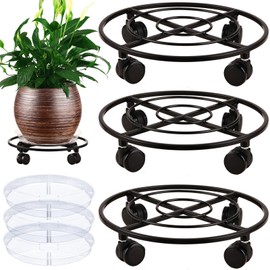 Planterhoma 3 Packs Large Metal Plant Caddy 13.5" Heavy-duty Plant Dolly with Wheels Iron Rolling Plant Stand with Casters Indoor Outdoor Plant Pot Movers Rollers Coaster Trolley, Black