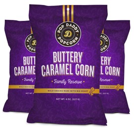 Pop Daddy Flavored Popcorn Gourmet | Buttery Caramel Flavor Popped Popcorn | Hand Seasoned Ruby Red Kernels Gluten Free Healthy Popcorn Snacks | 8oz Popcorn Individual Bags | 3 Pack Popcorn Bag