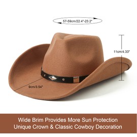 Lanzom Women Men Classic Felt Wide Brim Western Cowboy Cowgirl Hat with Belt Buckle (Khaki, Large)
