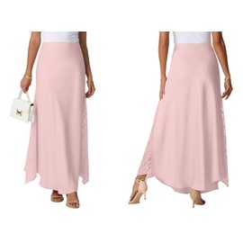 GRECERELLE Summer Maxi Skirt Women's Satin Long High Waist Silk with Zip, Side Lace Applique, Elegant Maxi Skirt A-line Midi Business Skirts, lightpink, S