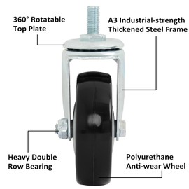 Finnhomy Swivel Caster Wheels 4 Inch Threaded Stem Casters Set of 4 Heavy Duty 1/2"-13 x 1 Anti-wear Polyurethane Industrial Castor Wheels for Cart/Furniture Load Bearing 2200 Lb Smooth Caster Black