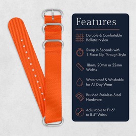 Benchmark 22mm Orange Nylon Watch Band - One Piece Waterproof Ballistic Nylon - Slip Through Military Style Zulu Watch Strap for Men & Women