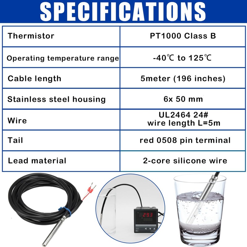 Cerkkapo 5M PT1000 Temperature Sensor, Waterproof PT1000 Temperature Sensor, PT
