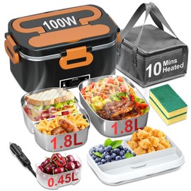 Electric Lunch Box for Adults - 2 Pack 1.8L Container 100W Heated Lunch Box for Men Fast Heating Food Heater Portable with ON/OFF Switch, 0.6L Compartment Lid for Car, Truck, Office (12V/24V/110V)