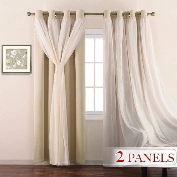 NICETOWN Double-Layer Mix & Match Dressing Biscotti Beige Sheer Plus Blackout Curtains for Girls Bedroom/Living Room, Window Treatment Cortinas para sala (1 Pair, 95 inchs, Tie Backs Included)