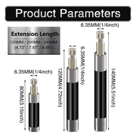 HOHXEN Pack of 3 1/4 Inch Hex Shank Magnetic Bit Holder Extension Quick Change Screwdriver Connection Rod Adapter Sleeve for Screws, Nuts, Drivers - 80/120/140 mm Length