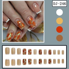 Fall Press on Nails Thanksgiving Short Square Fake Nails with Designs Maple Leaf White French Tip Glue on Nails 24 Pcs Reusable Stick on Nail for Women WYFHDT