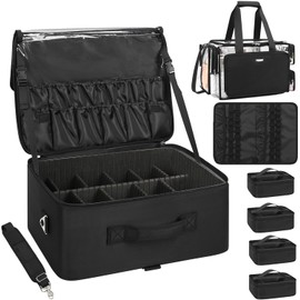 Relavel Extra Large Makeup Case and Clear Makeup Bag, Professional Cosmetic Storage Organizer Box Brush Holder with 4 Clear Set Bags & Lipstick Plate for Makeup Artists with Adjustable Dividers