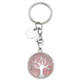 GEHECRST Tree of Life Keyring Natural Gemstone Pendant Chakra Healing Stones Lucky Charm Keychain Energy Therapy Healing Decoration, rose quartz