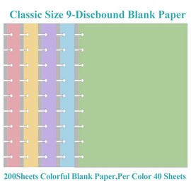 (2-Pack) 9-Disc Discbound 5 Colorful Blank Paper Pre-punched Happy Planners Inserts, 200Sheets/400Pages Classic Size Blank Loose-Leaf Paper, Per Color 40 Sheets, 7" x 9.25"