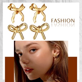 Flongo Gold Bow Earrings Women: 14K Golden 2 Pairs Set Cute Ribbon Bow Earrings Stud Earrings Cute Gift Fashion Jewellery for Women Girls Mother Daughter Christmas, Stainless Steel