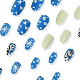 Christmas Press on Nails Blue Short Almond Fake Nails with Design Snowman Glue on Nails White Snowflake Stick on Nails Glossy Reusable Winter Xmas False Nails for Women Girls Manicure 24pcs