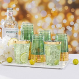 Supernal 100 Pack Green Plastic Cups - 10 Oz Clear Green Plastic Disposable Cups with Gold Trim,Heavy Duty & BPA-free for Wedding,Cocktail,Birthday,Party & Elegant Events,Disposable Cocktail Glasses