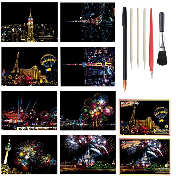 URROMA 8pcs Scratch Painting Postcard Set Rainbow Painting Scratch Off