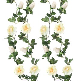 Felice Arts - Paquete de 2 guirnaldas de flores de champaña cada una de 6.5 pies, color beige, guirnalda de rosas falsas para colgar en la pared, para fiestas, arreglos de mesa, decoración de coronas