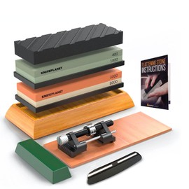 Premium Knife Sharpening Stone Set – 400/1000 and 3000/8000-Grit Professional, Safe Knife Sharpener Set – Whetstone Set Includes Flattening Stone, Bamboo Base, and 2 Nonslip Rubber Bases