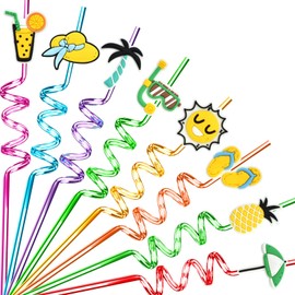 CharmBurst Pack of 8 Reusable Straws, Summer Hawaiian Party Straws, Curly Colourful Straws for Kids, Family Parties, Pool Party Decoration