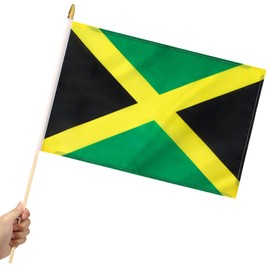 Yingnner 12 Pack Jamaica Stick Flags Small 12x18 Inch Jamaican Hand Held Flags with 24 Inch Wooden Pole Decorations