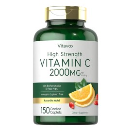Vitamin C 2000mg | With Rose Hips | 150 Caplets|non-gmo