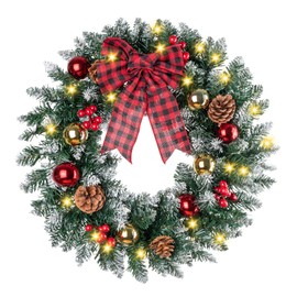 Christmas Wreath, Lighted Christmas Wreath for Front Door, Crestwood Spruce, Decorated with Pine Cones, Berry Clusters, Frosted Branches, Christmas Collection