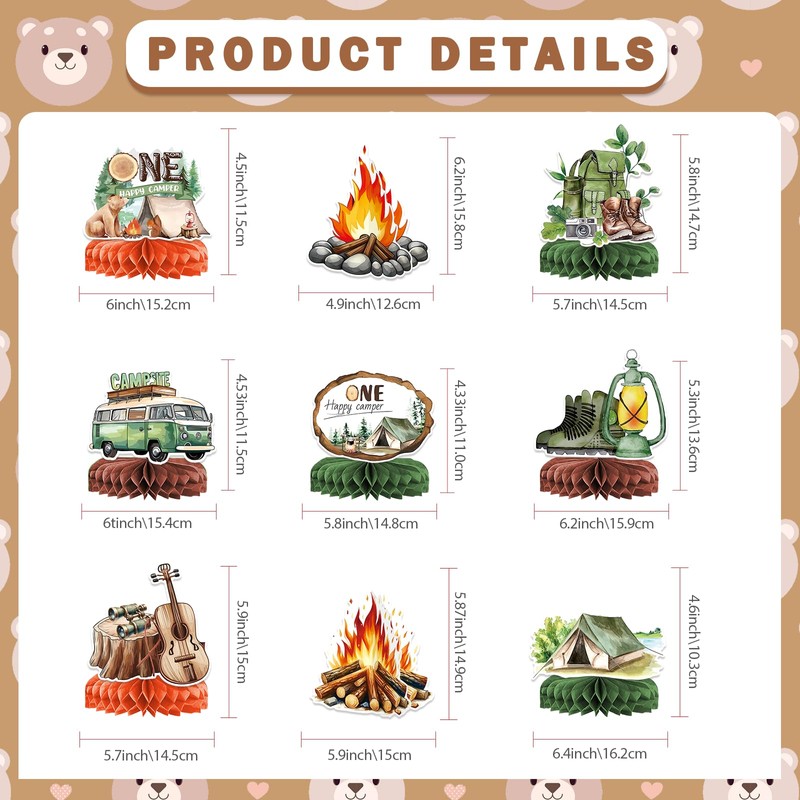 9 PCS Camping Honeycomb Centerpieces with Fake Campfire, Camping Table