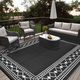 Waterproof Outdoor Rug 9x12 Ft, Reversible Plastic Straw Rug, Easy to Clean Modern Bordered Patio Rug, Portable Carpet for Patio, RV, Deck, Balcony, Backyard, Picnic, Beach, Clover, Black/White