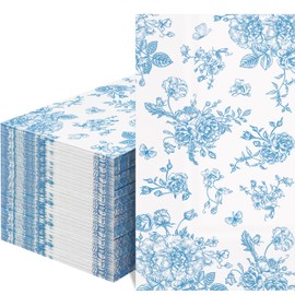 100PCS Blue Floral Paper Napkins Decorative Disposable Hand Towels for Bathroom 3 Ply for Bathroom Napkins Guest Disposable Dinner Chinoiserie Wedding Tea Party Anniversary Bridal Decorative